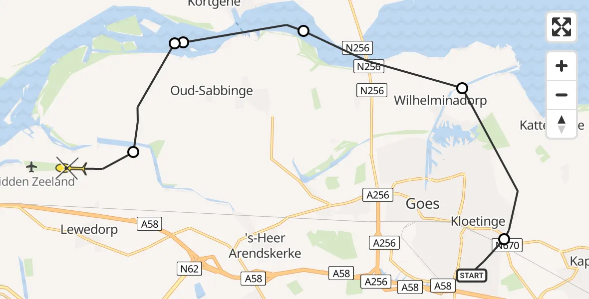 Routekaart van de vlucht: Kustwachthelikopter naar Vliegveld Midden-Zeeland, Viaductweg