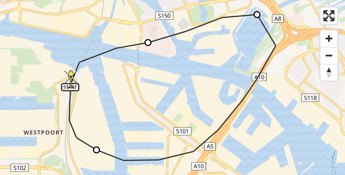 Routekaart van de vlucht: Lifeliner 1 naar Amsterdam Heliport, Stadsstrand Kanaal Noord