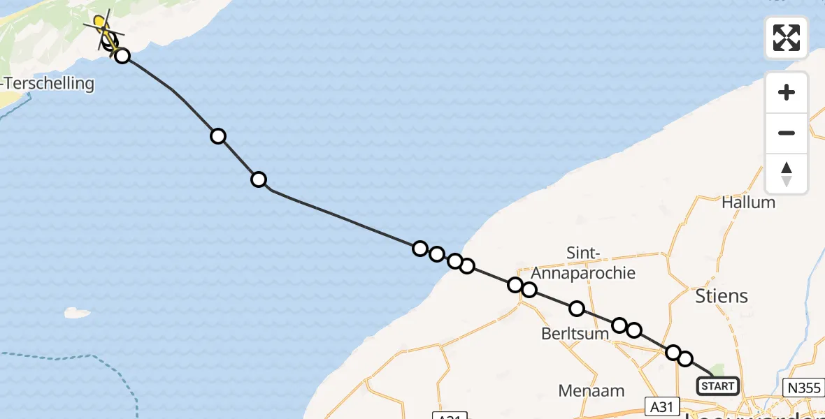 Routekaart van de vlucht: Ambulanceheli naar Midsland, Keegsdijkje