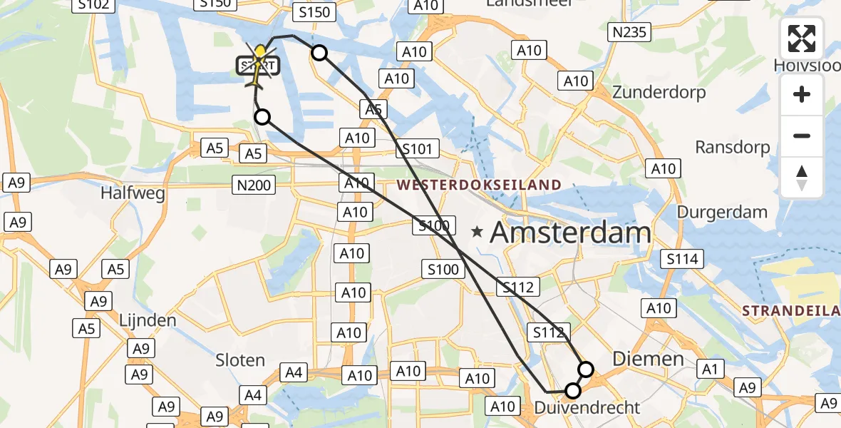 Routekaart van de vlucht: Lifeliner 1 naar Amsterdam Heliport, Stadsstrand Kanaal Noord