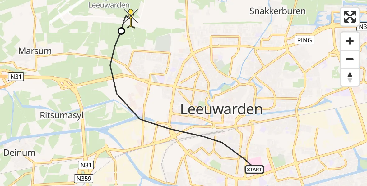 Routekaart van de vlucht: Ambulanceheli naar Vliegbasis Leeuwarden, Albert Cuypstraat