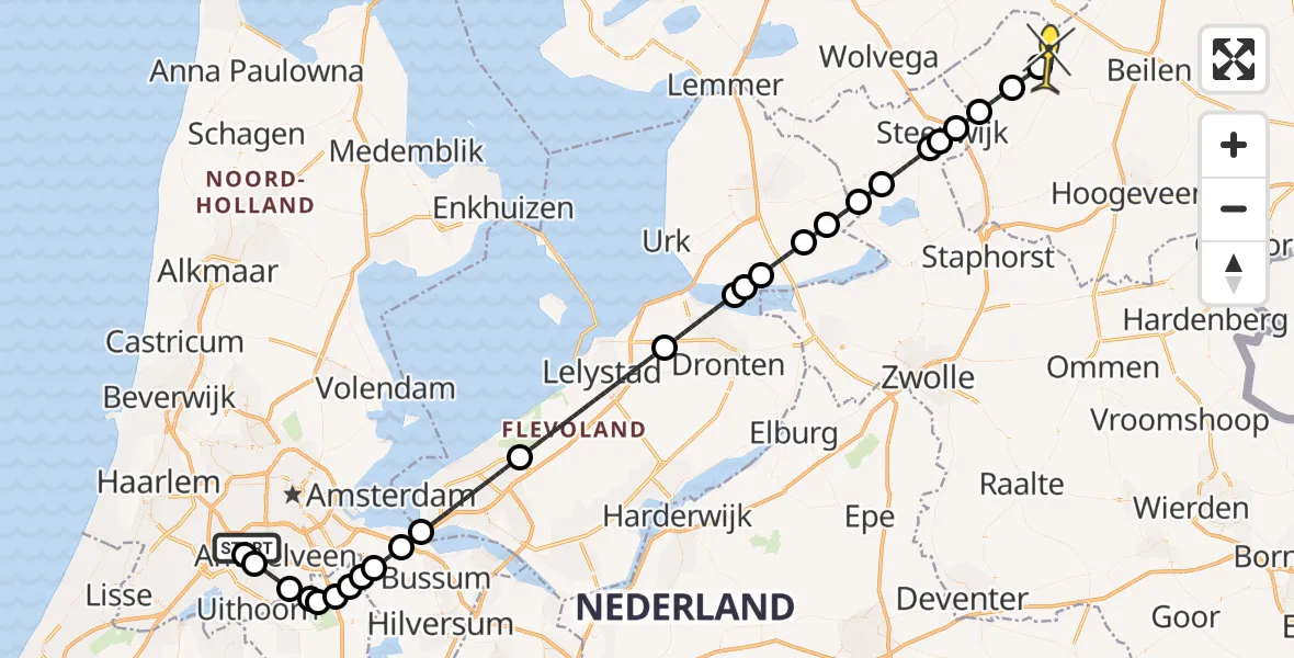 Routekaart van de vlucht: Politieheli naar Diever, Fokkerweg