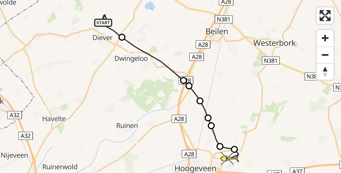 Routekaart van de vlucht: Politieheli naar Vliegveld Hoogeveen, Rijksweg
