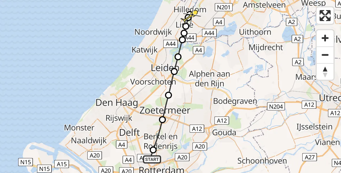 Routekaart van de vlucht: Lifeliner 2 naar Lisserbroek, Hillegommerdijk