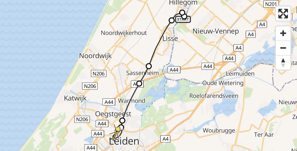 Routekaart van de vlucht: Lifeliner 2 naar Leiden, Leidsestraat