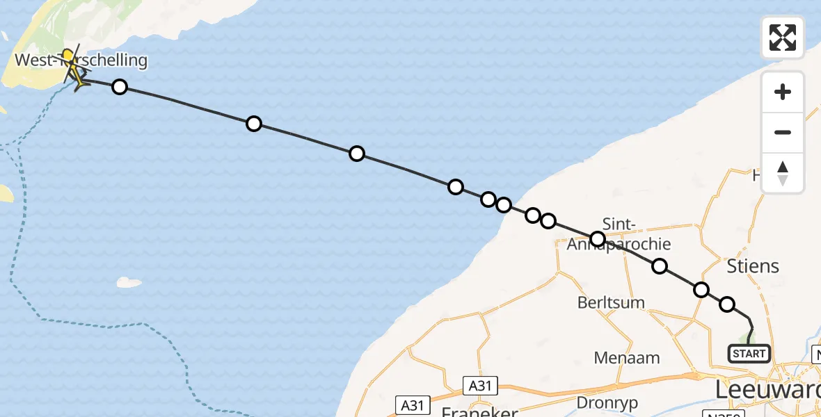 Routekaart van de vlucht: Ambulanceheli naar West-Terschelling, Keegsdijkje