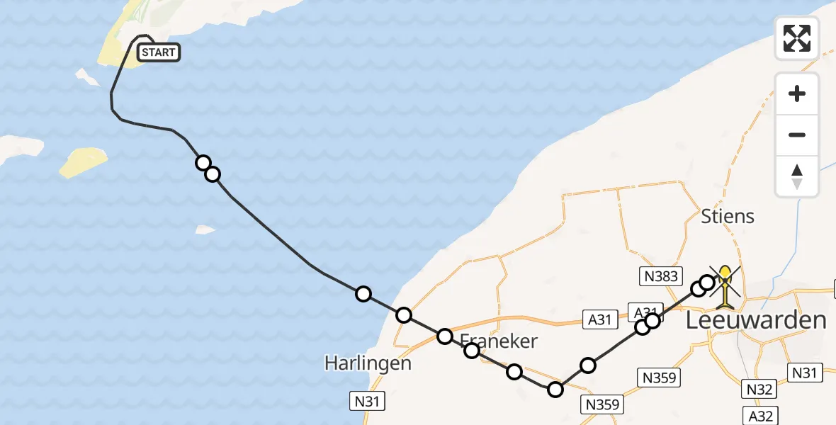 Routekaart van de vlucht: Ambulanceheli naar Vliegbasis Leeuwarden, Buiten de Kom
