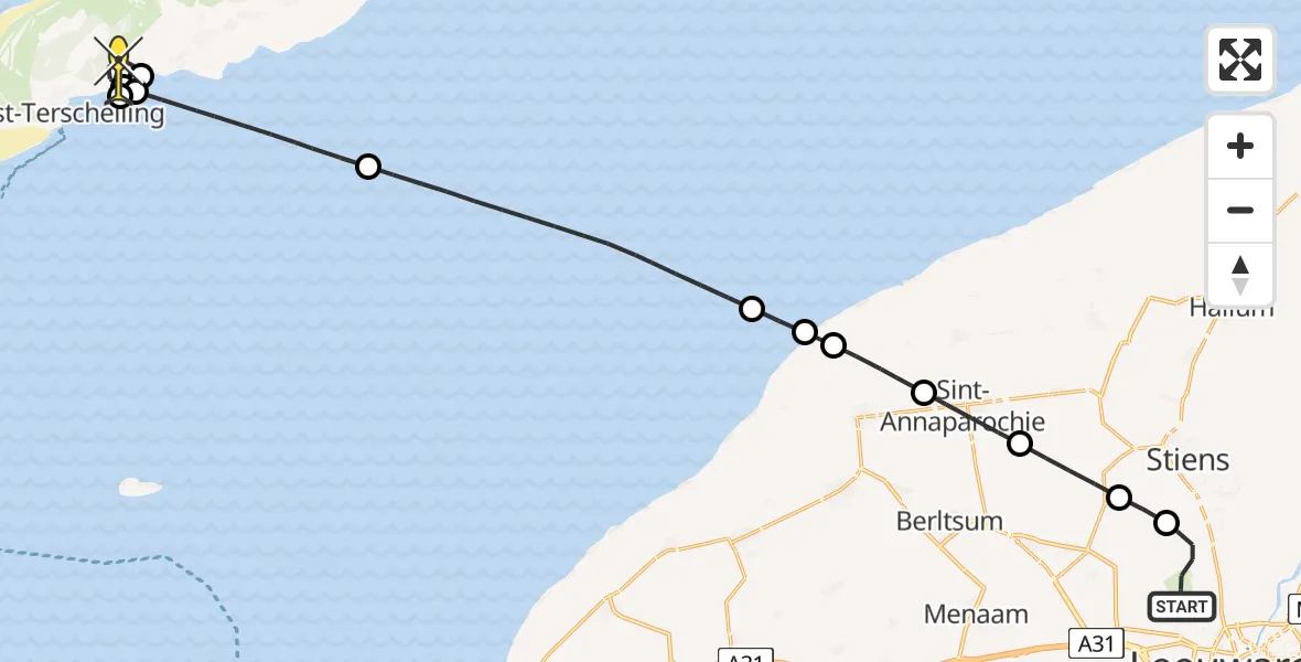 Routekaart van de vlucht: Ambulanceheli naar West-Terschelling, Keegsdijkje