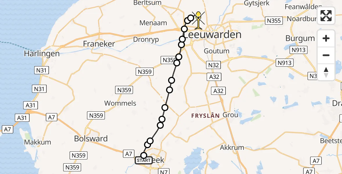 Routekaart van de vlucht: Ambulanceheli naar Vliegbasis Leeuwarden, Keegsdijkje