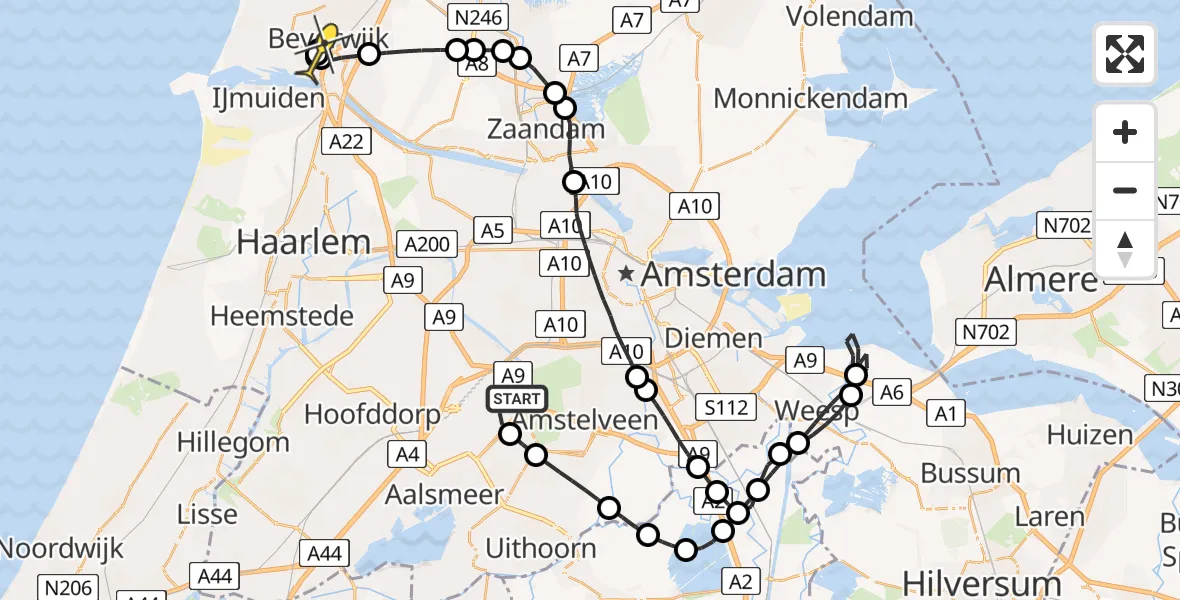 Routekaart van de vlucht: Politieheli naar Beverwijk, Westerkimweg