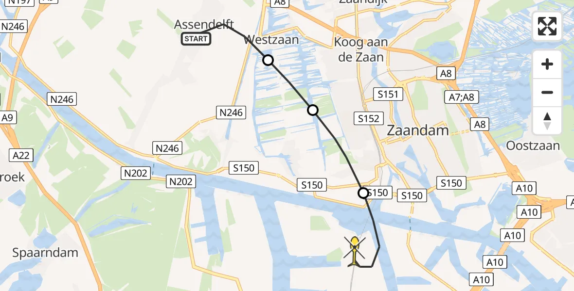 Routekaart van de vlucht: Lifeliner 1 naar Amsterdam Heliport, Dolphijnstraat