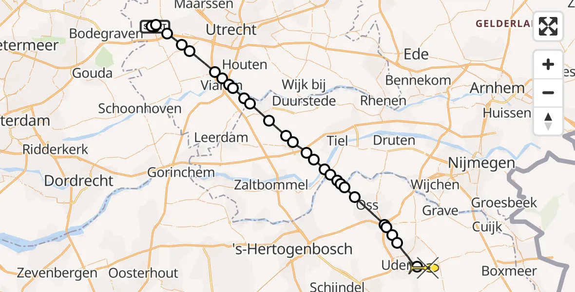 Routekaart van de vlucht: Politieheli naar Vliegbasis Volkel, Hofplein