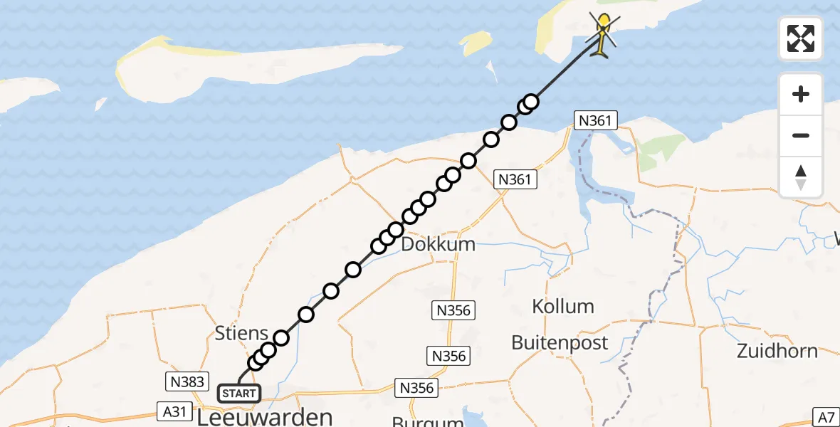 Routekaart van de vlucht: Ambulancehelikopter naar Schiermonnikoog, Keegsdijkje