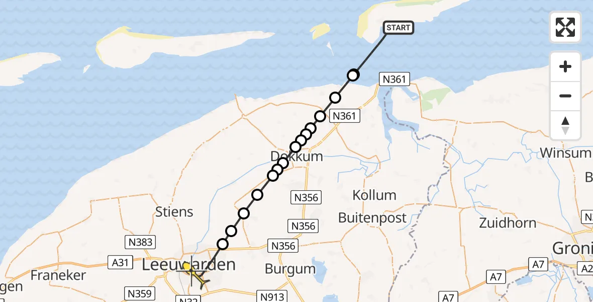 Routekaart van de vlucht: Ambulanceheli naar Leeuwarden, T (oost)