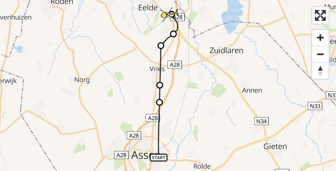 Routekaart van de vlucht: Lifeliner 4 naar Groningen Airport Eelde, J.C. van Markenstraat