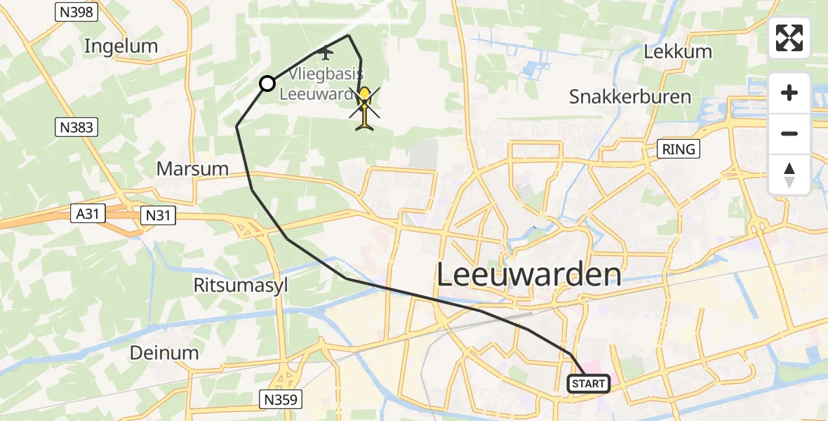 Routekaart van de vlucht: Ambulanceheli naar Vliegbasis Leeuwarden, Waling Dijkstrastraat