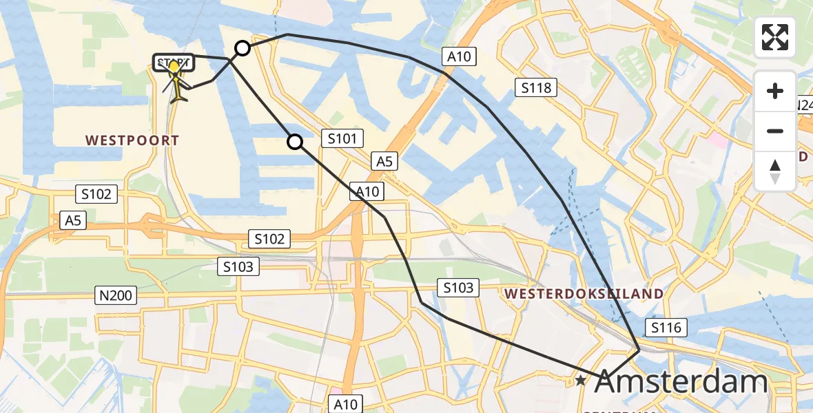 Routekaart van de vlucht: Lifeliner 1 naar Amsterdam Heliport, Westhavenweg