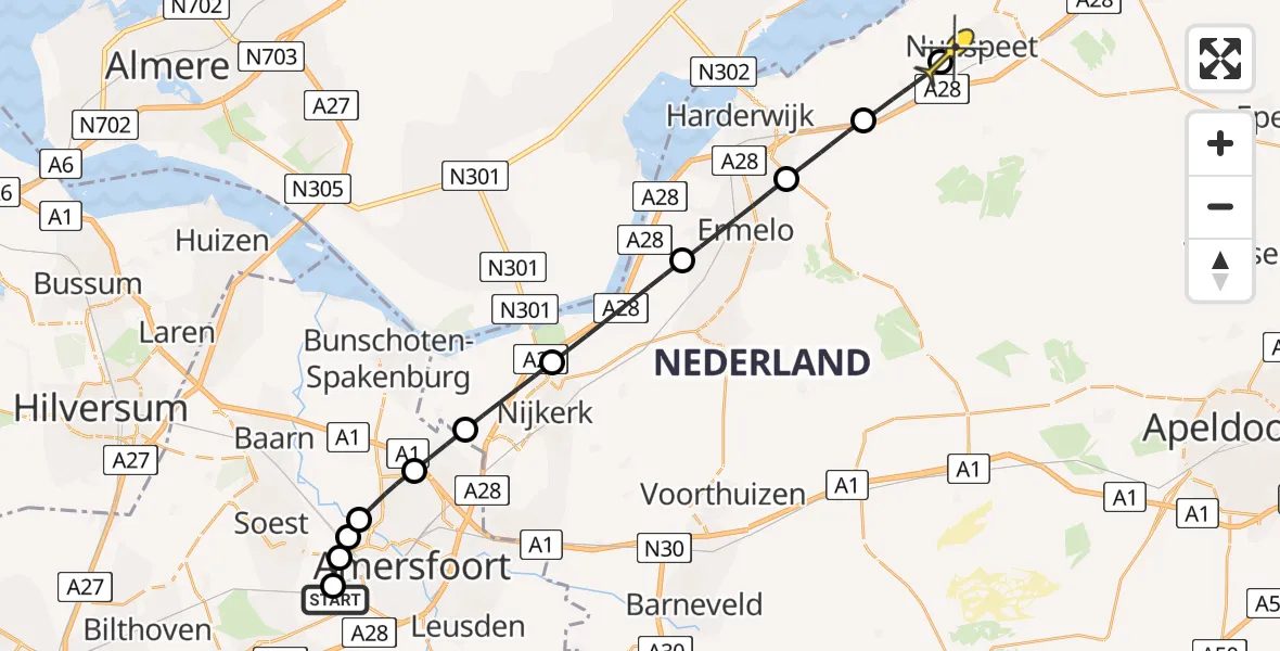 Routekaart van de vlucht: Politieheli naar Nunspeet, Pinetumpad