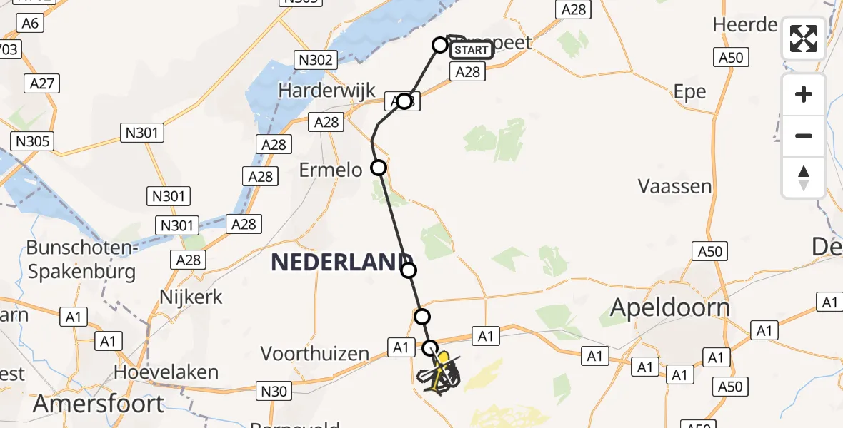 Routekaart van de vlucht: Politieheli naar Kootwijk, Vreeweg