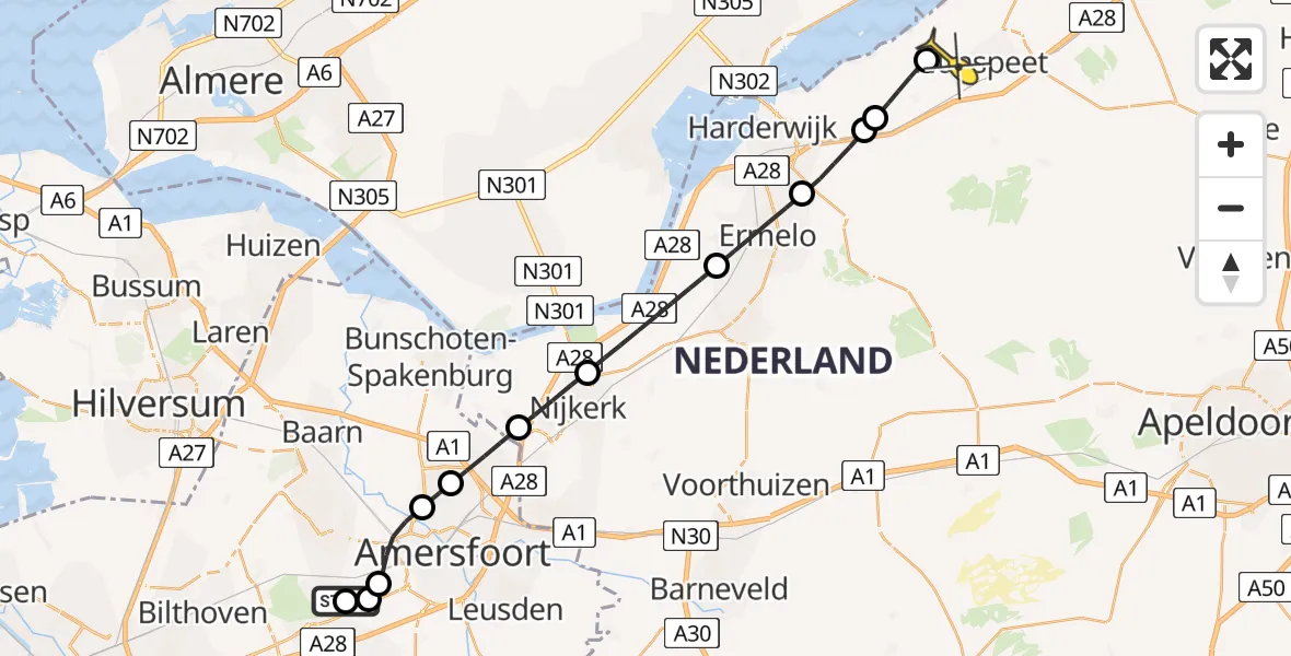 Routekaart van de vlucht: Politieheli naar Nunspeet, Barchman Wuytierslaan