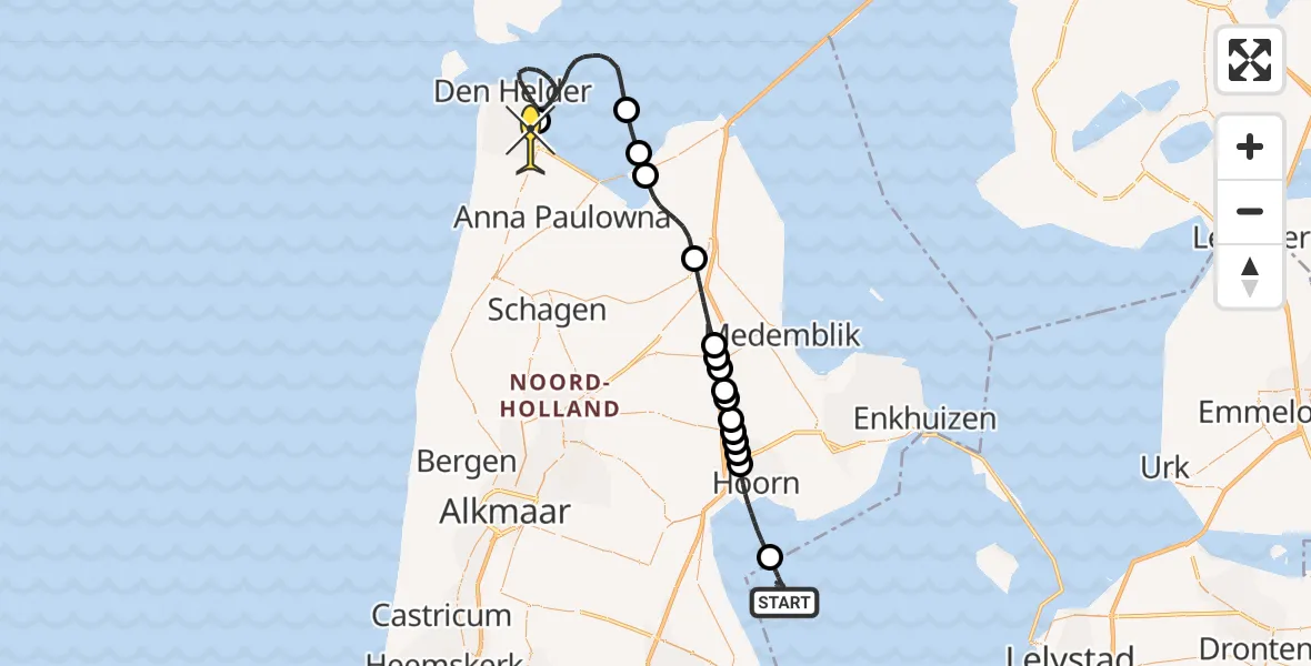 Routekaart van de vlucht: Kustwachthelikopter naar Vliegveld De Kooy, Oostoeverweg