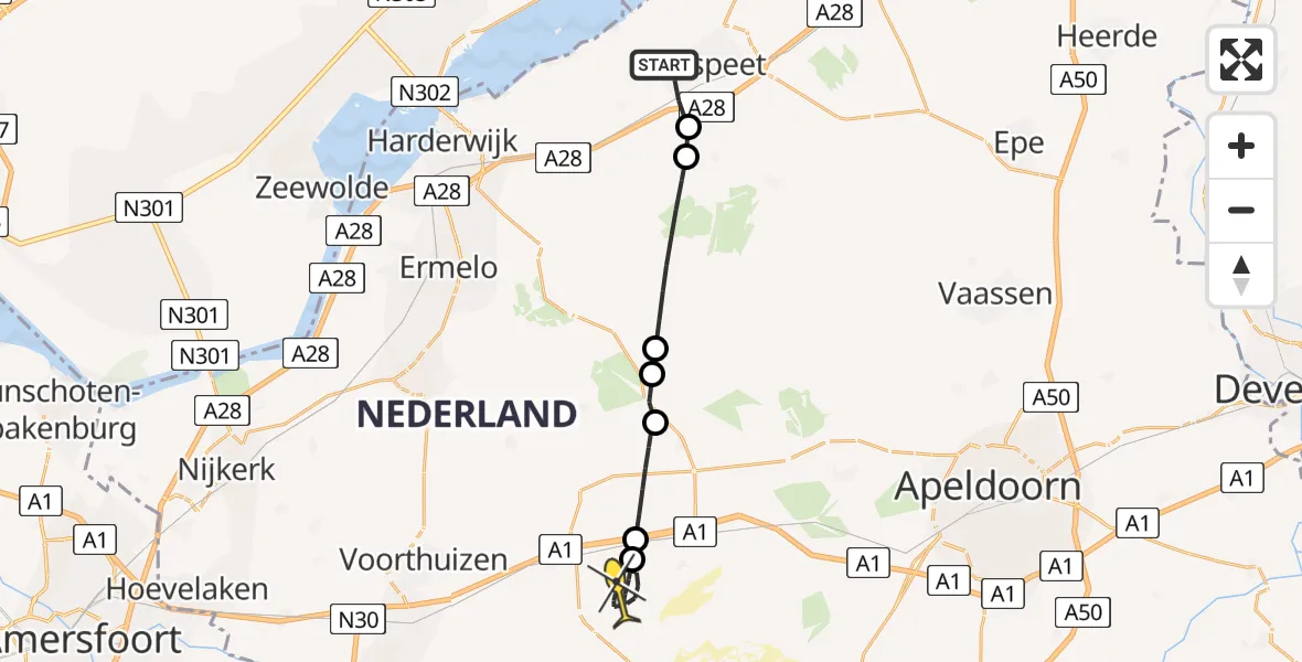 Routekaart van de vlucht: Politieheli naar Kootwijk, Mackaystraat