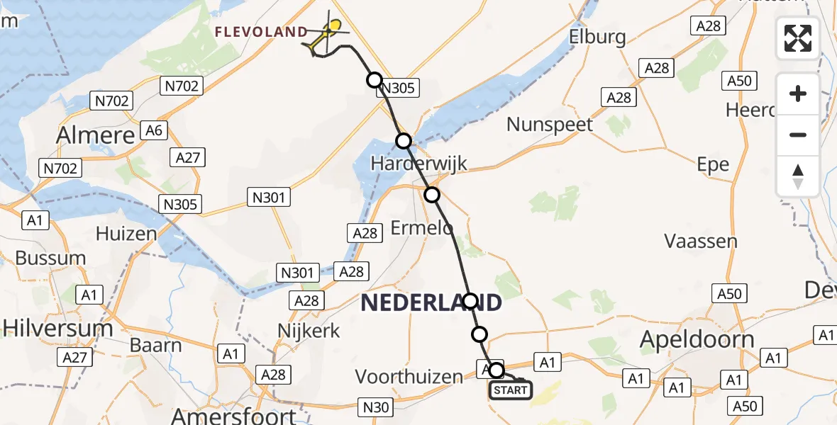 Routekaart van de vlucht: Politieheli naar Lelystad, Boswachter van Emstweg