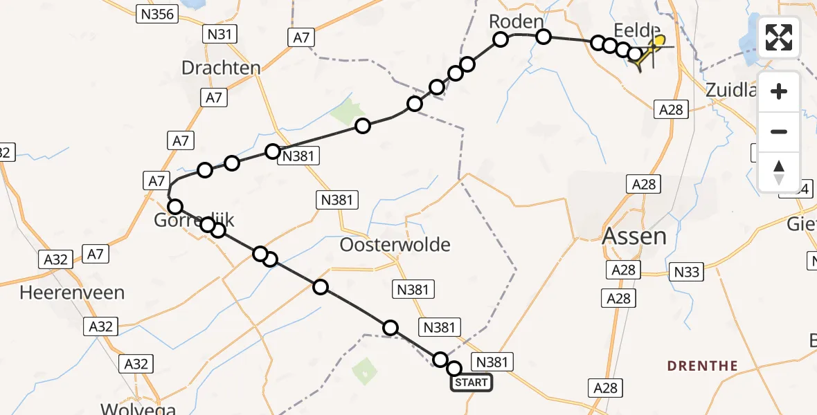 Routekaart van de vlucht: Lifeliner 4 naar Groningen Airport Eelde, Beleeffietspad
