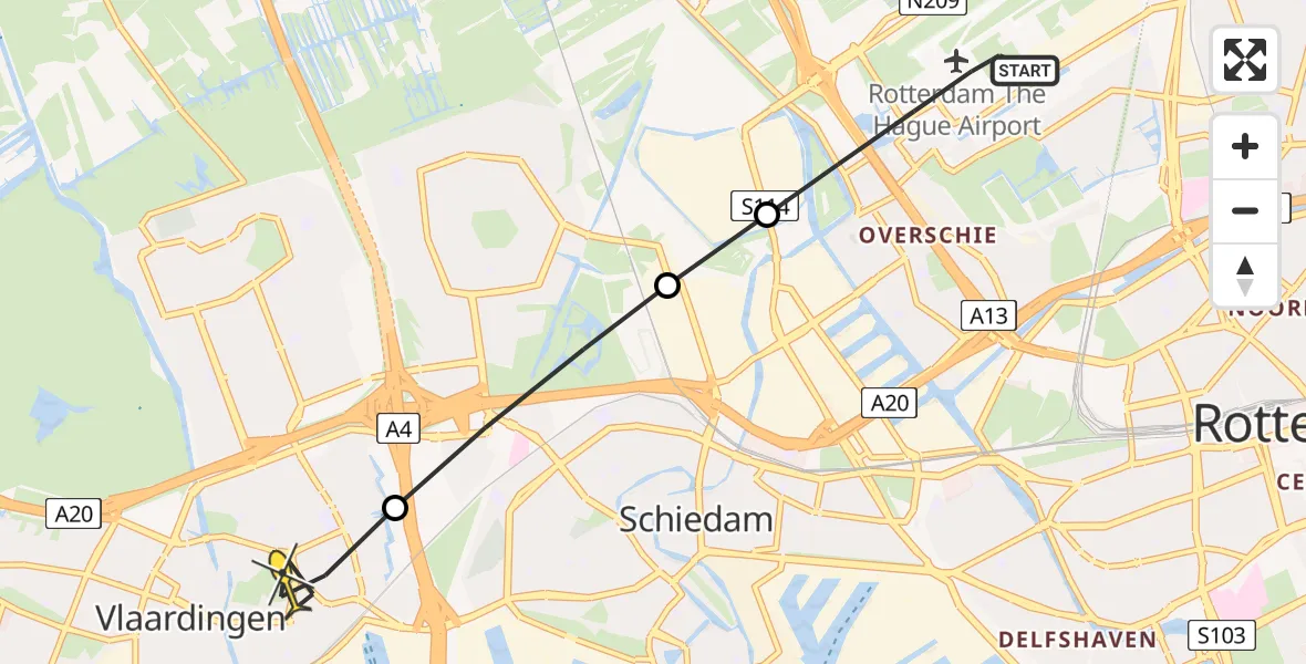 Routekaart van de vlucht: Lifeliner 2 naar Vlaardingen, Rotterdam Airportbaan