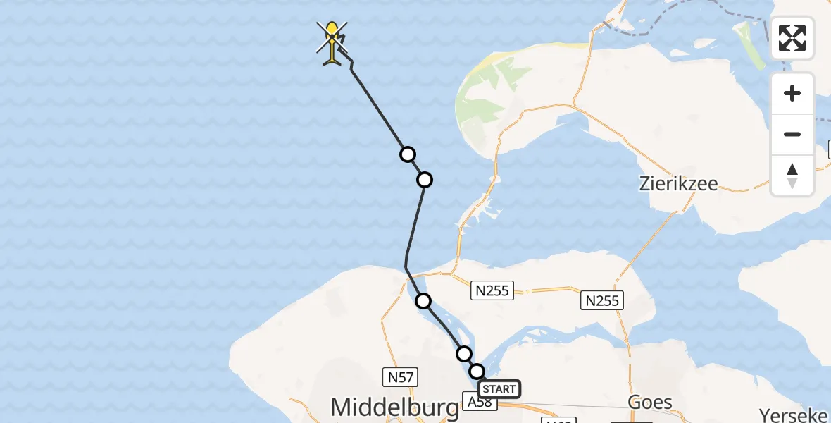 Routekaart van de vlucht: Kustwachthelikopter naar Lamsoor