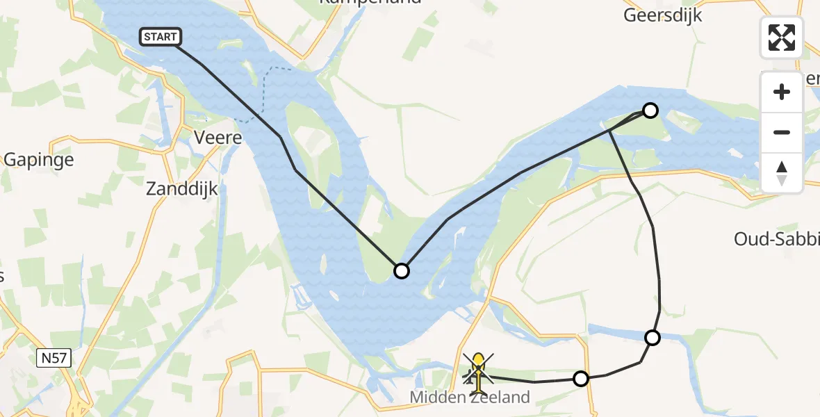 Routekaart van de vlucht: Kustwachthelikopter naar Vliegveld Midden-Zeeland, Kampersnauw