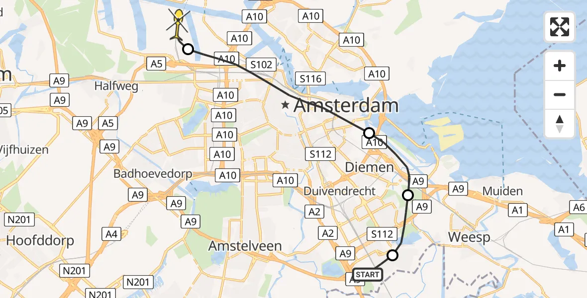 Routekaart van de vlucht: Lifeliner 1 naar Amsterdam Heliport, Parkhof