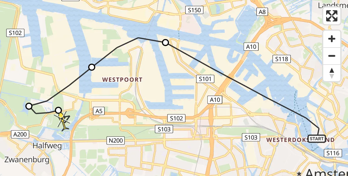 Routekaart van de vlucht: Lifeliner 1 naar Amsterdam, Houthaven