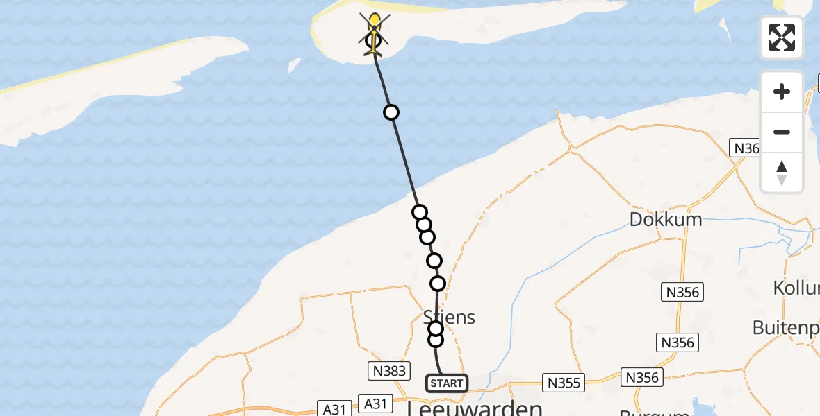 Routekaart van de vlucht: Ambulancehelikopter naar Ameland Airport Ballum, Keegsdijkje