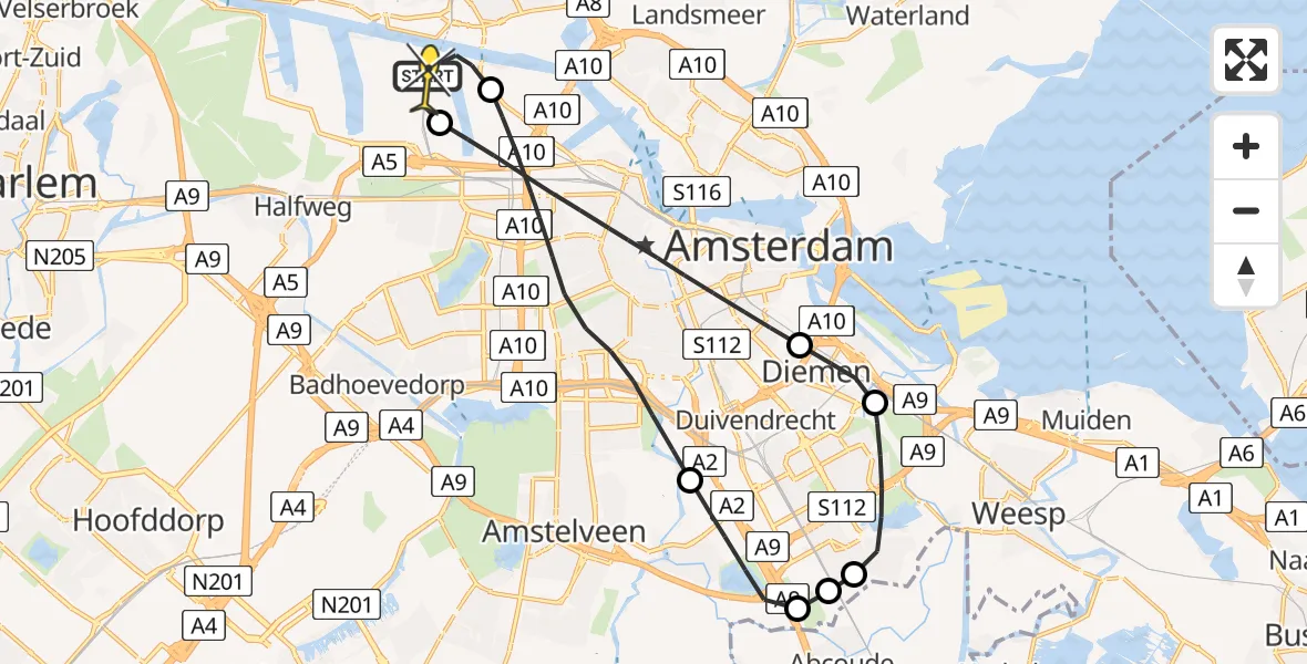 Routekaart van de vlucht: Lifeliner 1 naar Amsterdam Heliport, Belangenvereniging tuinders Zaanderhorn