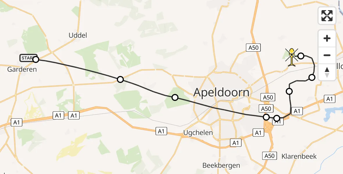 Routekaart van de vlucht: Politieheli naar Vliegveld Teuge, Solsebergweg