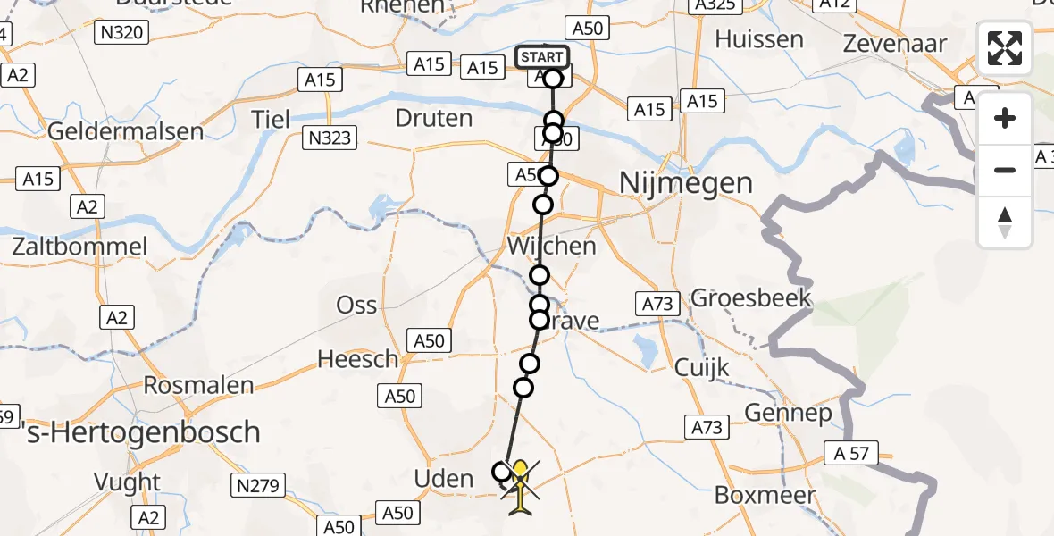 Routekaart van de vlucht: Lifeliner 3 naar Vliegbasis Volkel, Rondweg