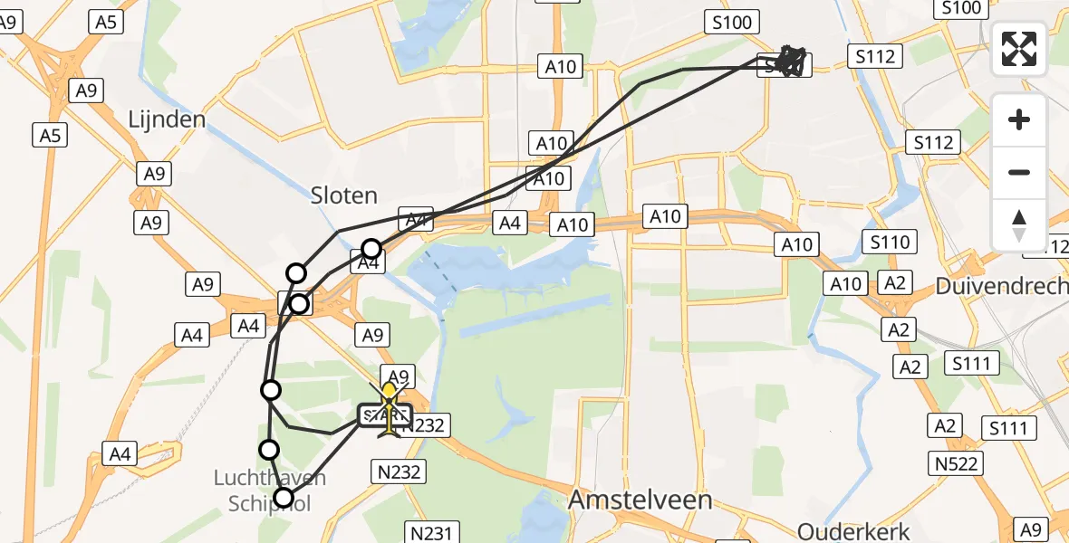 Routekaart van de vlucht: Politieheli naar Schiphol, Loevesteinse Randweg