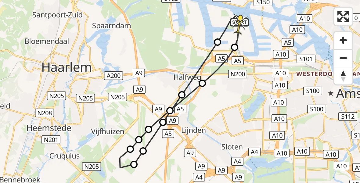 Routekaart van de vlucht: Lifeliner 1 naar Amsterdam Heliport, Siciliëweg