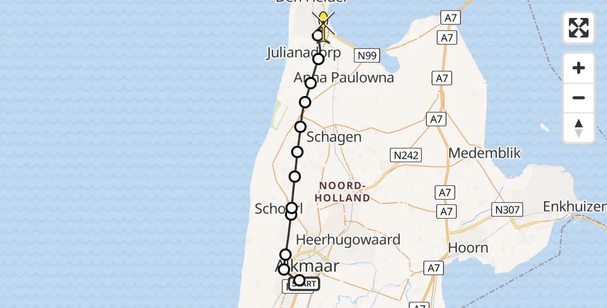 Routekaart van de vlucht: Kustwachthelikopter naar Vliegveld De Kooy, Kennemerstraatweg
