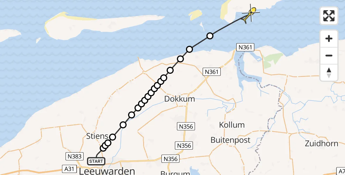Routekaart van de vlucht: Ambulanceheli naar Schiermonnikoog, Keegsdijkje