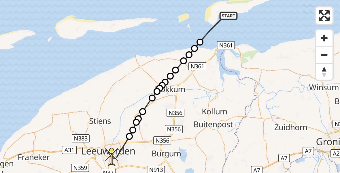 Routekaart van de vlucht: Ambulanceheli naar Leeuwarden, Reegeul