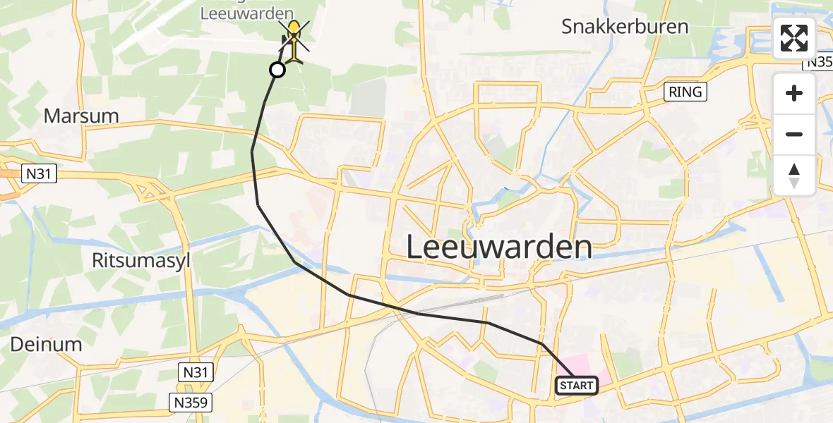 Routekaart van de vlucht: Ambulanceheli naar Vliegbasis Leeuwarden, Simon de Vliegerstraat