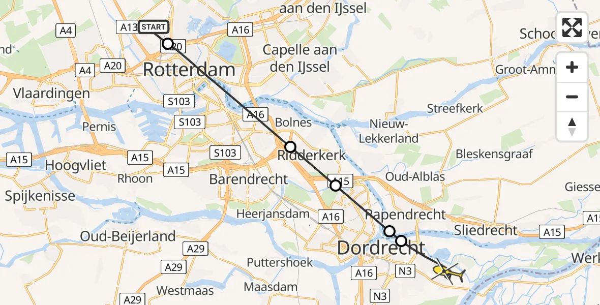 Routekaart van de vlucht: Lifeliner 2 naar Dordrecht, Buys Ballotlaan