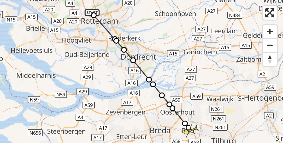 Routekaart van de vlucht: Lifeliner 2 naar Rijen, Overschiese Kleiweg