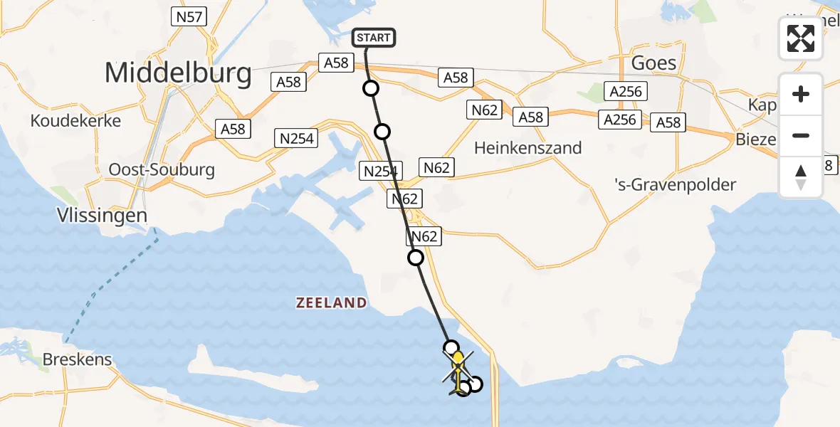 Routekaart van de vlucht: Kustwachthelikopter naar Terneuzen, Hertenweg