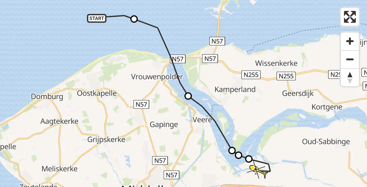 Routekaart van de vlucht: Kustwachthelikopter naar Vliegveld Midden-Zeeland, Calandweg