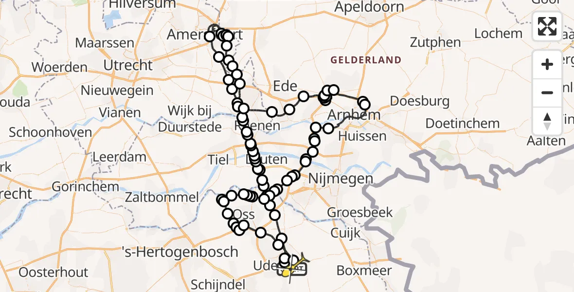 Routekaart van de vlucht: Politieheli naar Vliegbasis Volkel, Zeelandsedijk