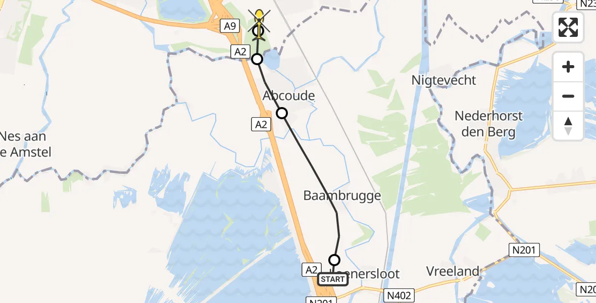 Routekaart van de vlucht: Lifeliner 1 naar Academisch Medisch Centrum (AMC), Donkervlietse Binnenweg