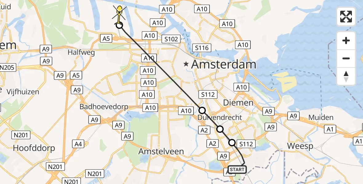 Routekaart van de vlucht: Lifeliner 1 naar Amsterdam Heliport, Helipad